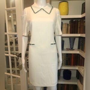 Off Shoulder White Dress with Green and White Stone Accents